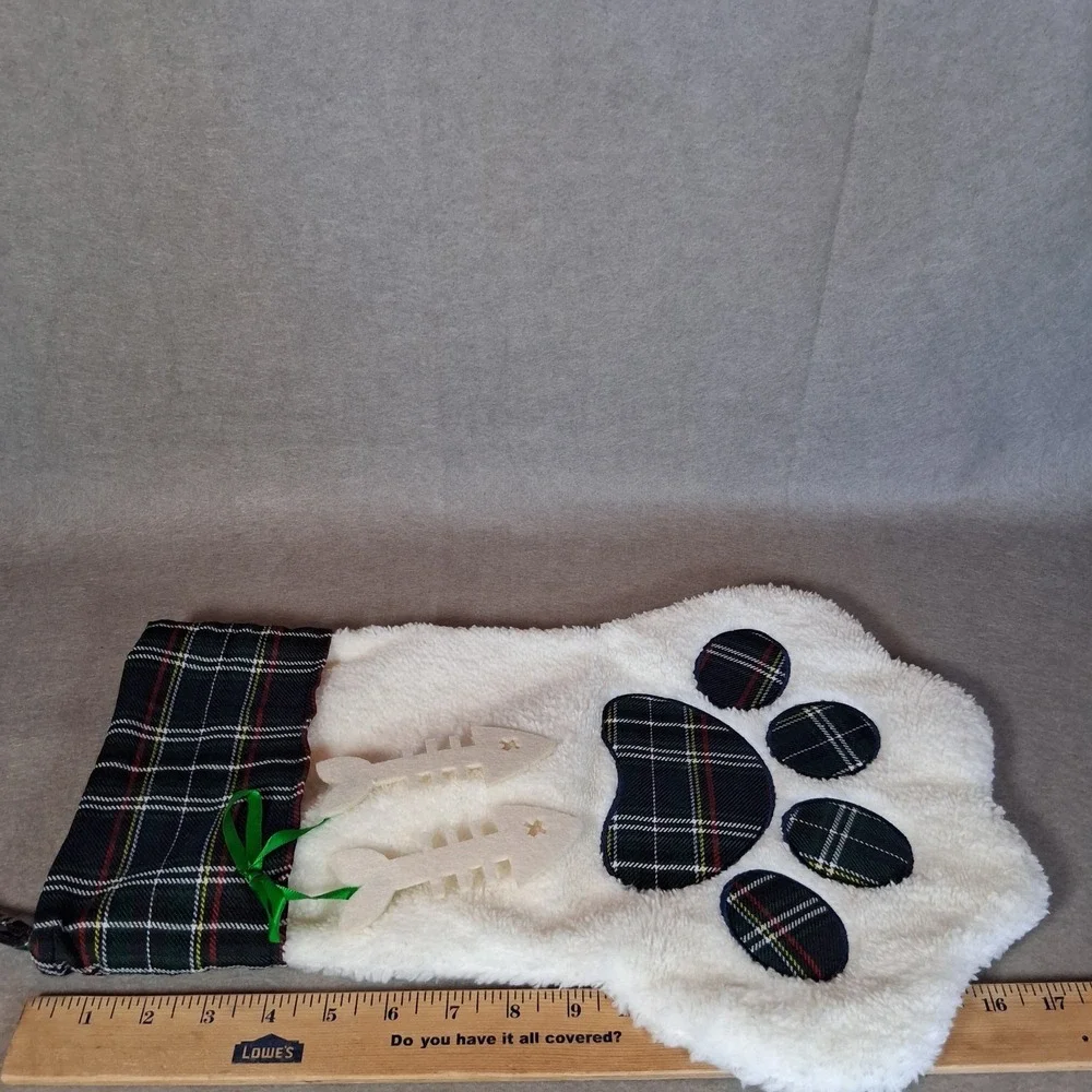 Cat Paw Christmas Stocking Plaid Cuff Fish Bone Charms White Sherpa Pet Holiday